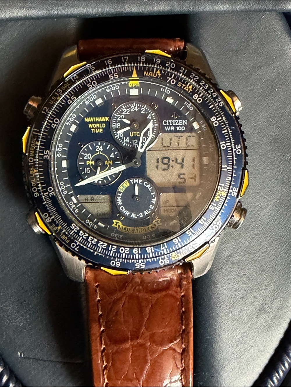 Citizen “Blue Angels” Navihawk World Time Watch - Blue Dial, Brown Strap